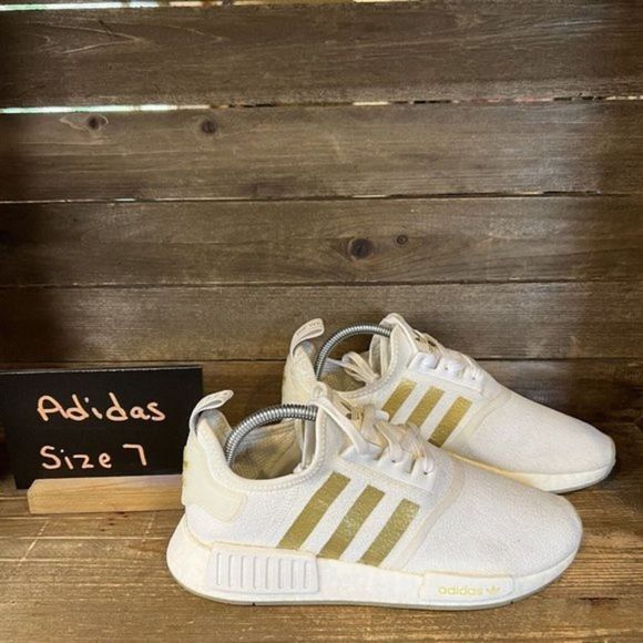 Womens Adidas NMD‎ R1 White Gold Metallic Athletic Shoes Sneakers Size 8.5 M GUC - Picture 1 of 6